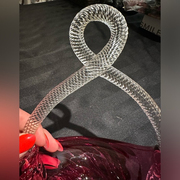 Vintage Victorian Cranberry Blown Glass Basket Clear Braided and Twisted Handle - Picture 5 of 7